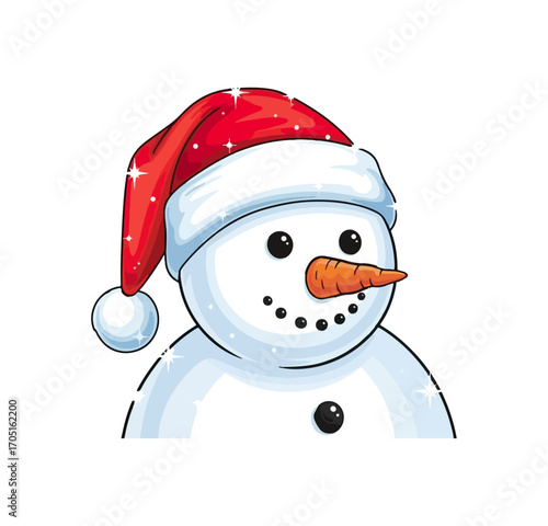 Cartoon snowman in red santa hat