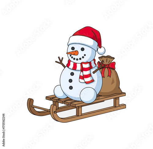 Cartoon snowman on sled with gift bag