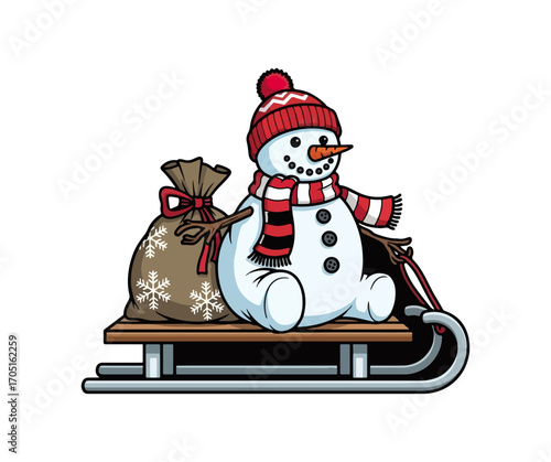 Cartoon snowman on a sled with gift bag