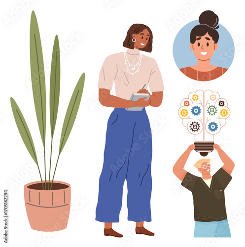 Woman taking notes, man holding gear-filled light bulb symbolizing innovation, plant as growth symbol, female avatar. Ideal for teamwork, strategy, leadership, creativity, growth innovation