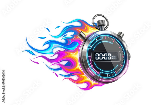 Colorful stopwatch with vibrant flames