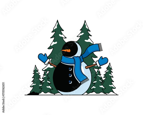 Cute snowman in winter forest