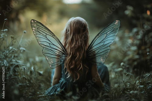 Back view of young child with long hair and fairy wings in forest