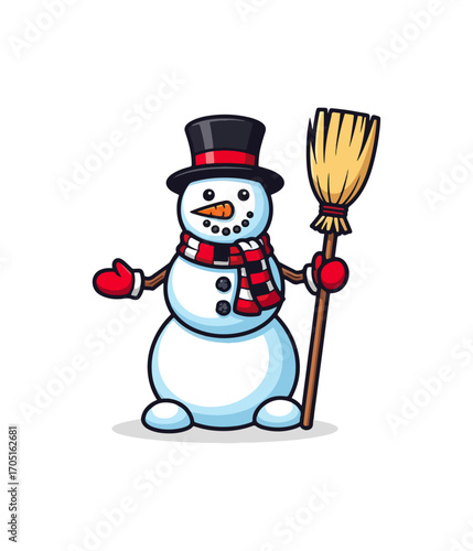 Cute snowman with scarf and broom