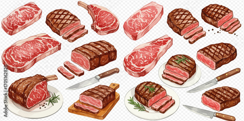 An assortment of raw and grilled beef steaks, including ribeye and sirloin cuts, some sliced on plates or cutting boards with knives and herbs.