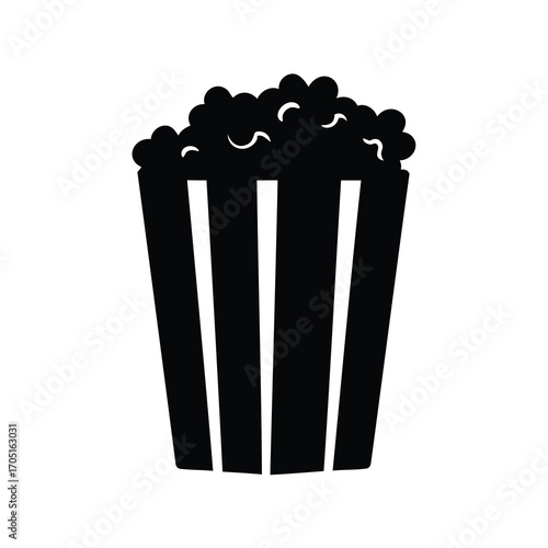Simple graphic illustration of a popcorn bucket, black and white design
