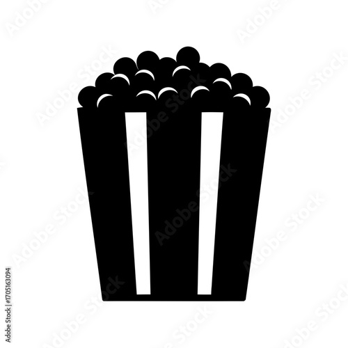 Monochrome illustration of a classic popcorn box, filled to the brim