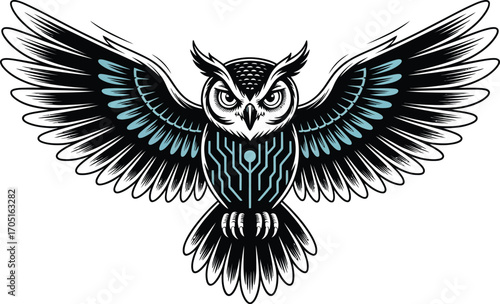 Black owl with blue circuit pattern and spread wings