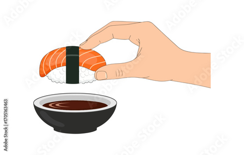 Hand holding sushi piece above dipping sauce