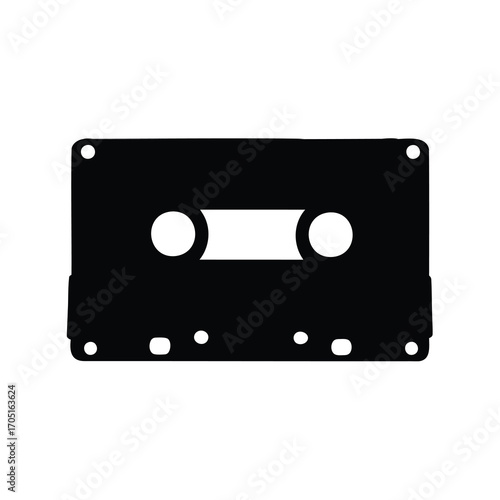 Black and white silhouette of a vintage audio cassette tape design