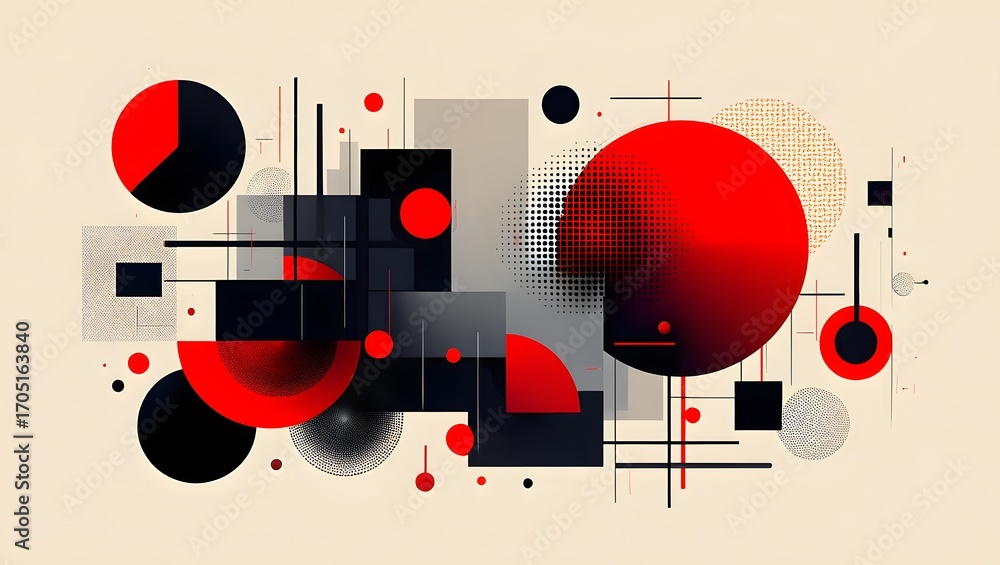 Obraz premium Abstract geometric composition with red and black shapes on a beige background art deco style