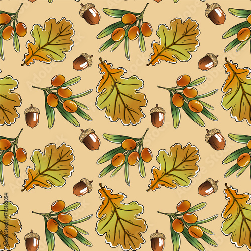 Autumn pattern with acorns, sea buckthorn and leaves. Vector illustration