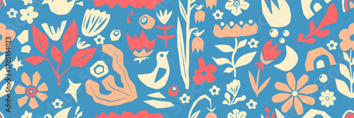 Boho organic cut paper seamless pattern with birds, flowers and botanical shapes - pastel floral elements on blue background. Folk art collage style for textile designs or decorative wallpaper prints.
