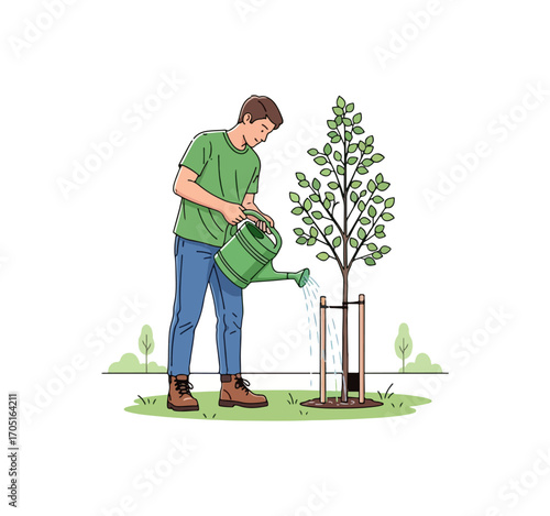 Person watering a young tree