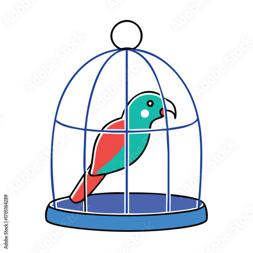 A Colorful Cartoon Bird Inside an Enclosed Cage Illustration Depicting Confinement and Captivity with Simple Line Art Style