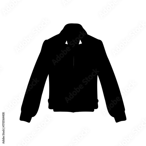 A solid black silhouette of a jacket on a white background display