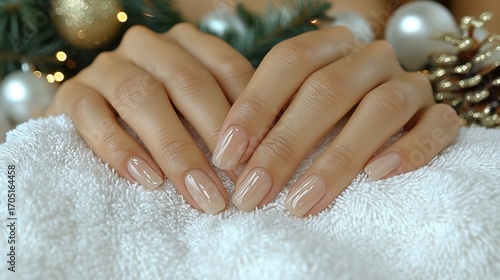 Fall-Winter 2025 Short Square Nude Glossy Christmas Manicure | Nail Salon Promo/Social Content Material | Minimalist Luxury Festive-Everyday Nail Trend