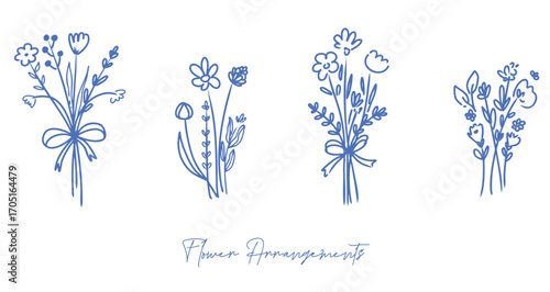 hand-drawn flower arrangements in simple blue line art style. Perfect for wedding invitations, botanical prints, modern decor, and minimalist branding
