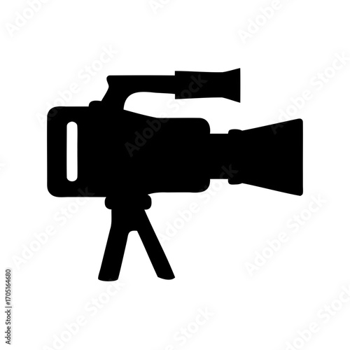 Black and white rendering of a video camera on its tripod stand