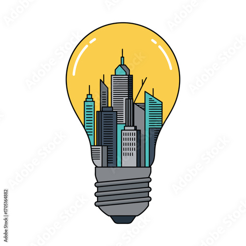 Bright light bulb containing city skyline representing urban innovation, smart ideas and modern architecture vector illustration