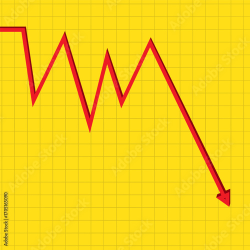 3D red line graph trending sharply downward on bright yellow grid background, with jagged volatility and downward arrow symbolizing economic decline, loss, and negative trend