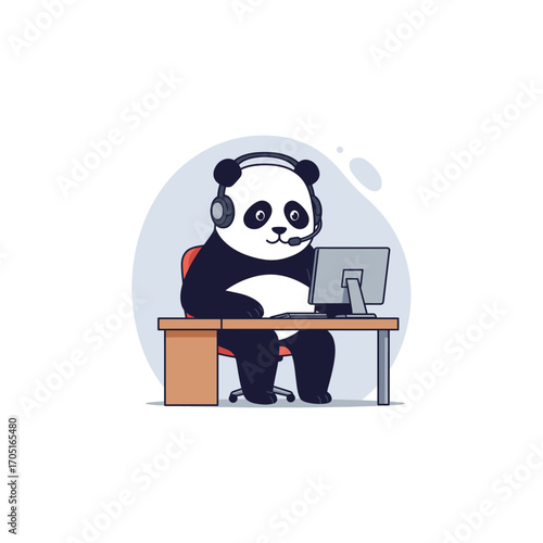 Panda mascot call center agent with headset sitting at desk in clean vector style