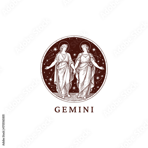 engraving of the Gemini zodiac sign, featuring two figures the twins holding hands. Vector template illustration