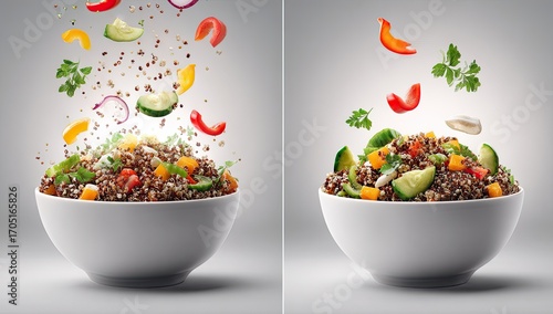 Two white bowls of quinoa salad, with ingredients flying in the air