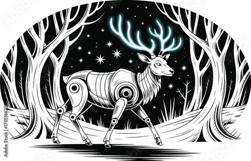 Mechanical deer with glowing antlers in a starry forest