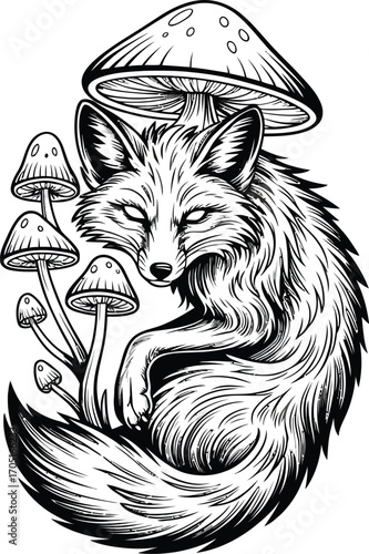 Black and white fox illustration with mushrooms vector