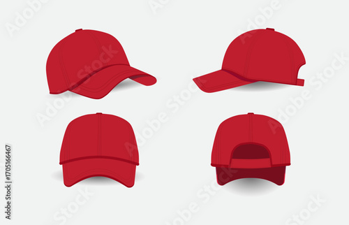 Four red baseball caps displayed in three-quarter views on light gray background, showing visors and backs, simple blank design, subtle shadows for depth, perfect for product mockups
