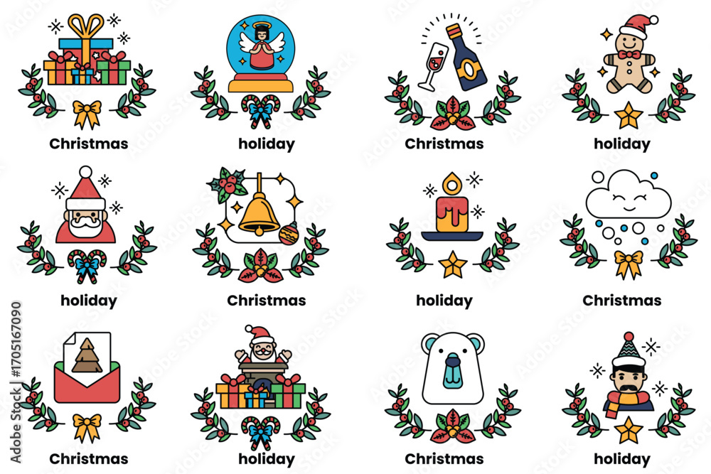 Fototapeta premium set of illustrations in the concept of Christmas and holidays in a line style