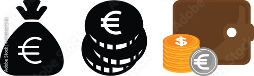 Black money bag with euro symbol icon set .finance.Currency symbols. set of currency symbols dollar, euro, pound, yen. set of currency symbols vector with white background. Currency, symbols, vector.