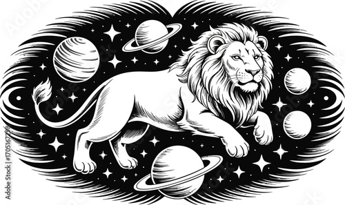 Lion in space with planets and stars galaxy