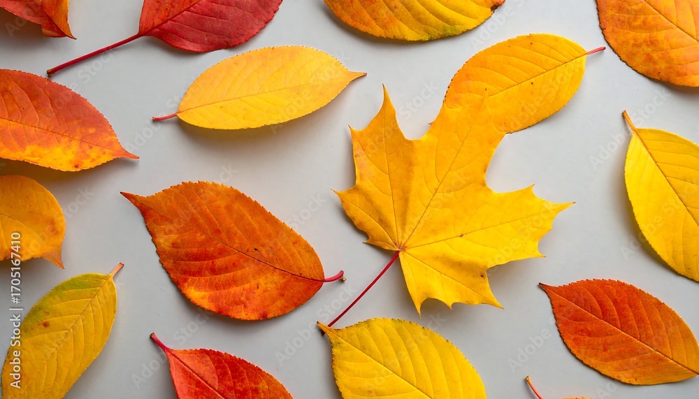 Obraz premium Overhead shot of vibrant autumn leaves scattered against a neutral grey background. Various shapes and colors