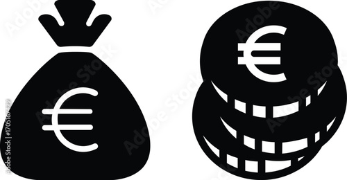 Black money bag with euro symbol icon set .finance.Currency symbols. set of currency symbols dollar, euro, pound, yen. set of currency symbols vector with white background. Currency, symbols, vector.