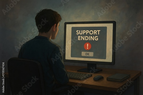 Man sitting at desk looking at computer screen with support ending warning message and exclamation sign.