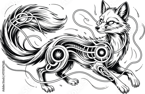 Black and white illustration of a stylized fox with mechanical elements