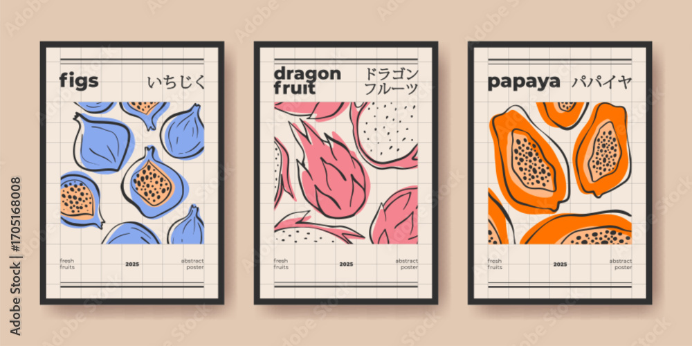 Naklejka premium Modern fruit poster collection with figs, dragon fruit and papaya in abstract style - minimalist designs for contemporary kitchen or cafe decor. Fresh botanical produce artwork with text layout.
