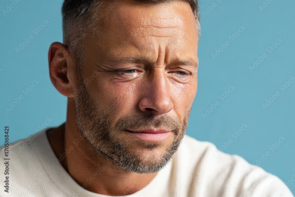 Fototapeta premium Young man expressing sadness against blue background