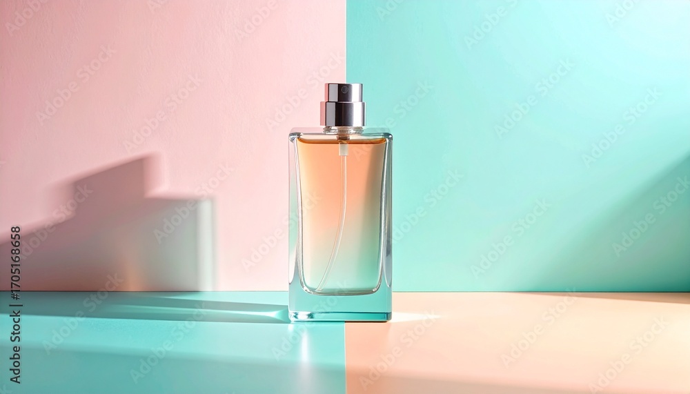 Naklejka premium Perfume bottle on pastel pink and blue background.