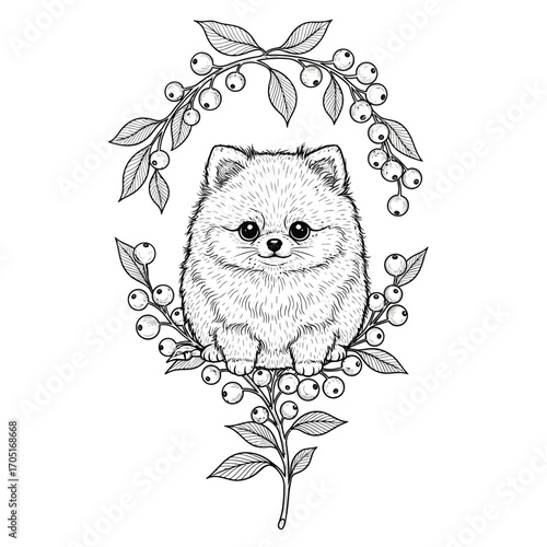 Cute pomeranian dog sitting on a branch with berries