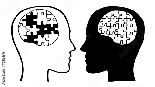 Puzzle Brain Icon in Human Head in Outline and Solid Black Vector depicting mental health complexity and diagnosis