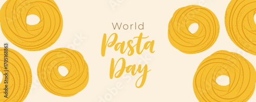 World Pasta Day banner with fettuccine pasta, perfect for social media, menus, or event promotion.