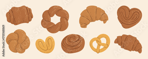 Assorted sweet pastries and buns, ideal for bakery menus, coffee shop decor, or food blogs.