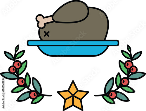 A cartoon drawing of a turkey on a plate with a star and leaves around it