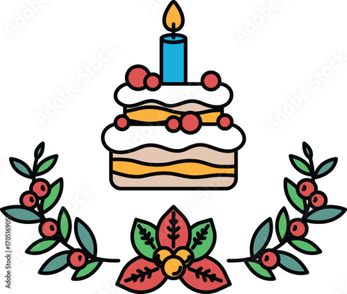 A cake with a candle on top and a leafy border