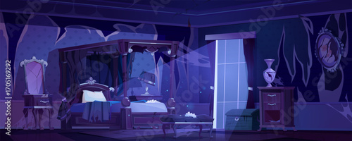 Abandoned bedroom night interior with dusty furniture, broken mirror and cobwebs everywhere. Old canopy bed, vintage dresser with vase, torn curtain by window. Mysterious horror or haunted house scene