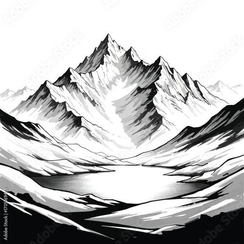 Monochrome illustration of a mountain range with a lake