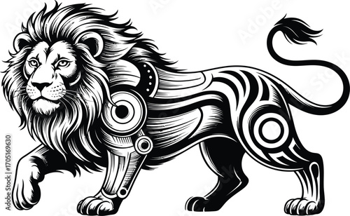 Black and white stylized lion with tribal markings